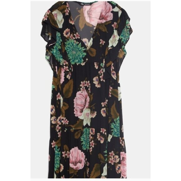 ZARA LOOSE-FITTING V-NECK RUFFLED FLORAL PRINT DRESS Size XS-S - Picture 3 of 10